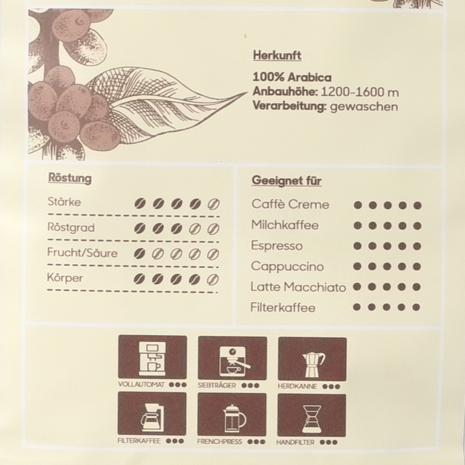 Produktbild Röstkaffee entkoffeiniert ganze Bohnen Spezifikationen